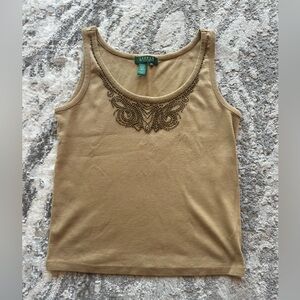 Ralph Lauren Brown Sleeveless Top w/ Beaded Design Womens Large Petite